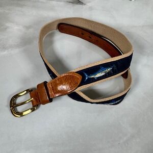 Vintage Zep-Pro Belt Embroidered Marlin Fish Canvas Leather Nautical Fishing 34